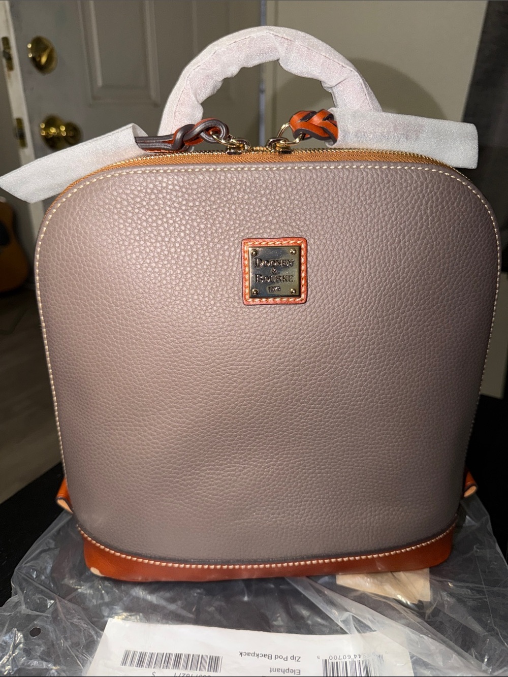 Dooney & Bourke Pebbled Taupe Backpack with Tan Trim